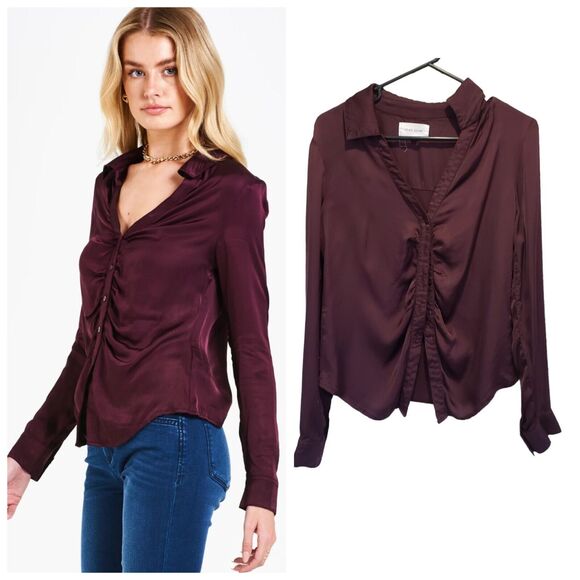 DEAR JHON SAYLOR GATHERED FRONT SHIRT CHERRY MARMALADE WOMENS LONG SELEEVE SZ M - Picture 1 of 9